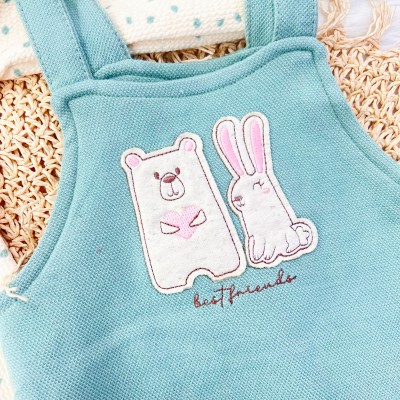 Conj. Blusa Bolinhas e Salopete Best Friends - Off White e Verde